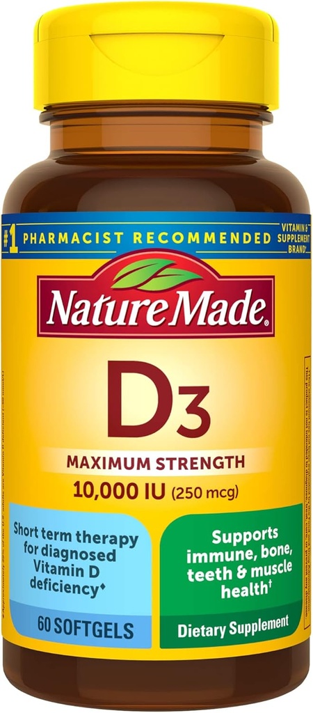 Natur Made Vitamin D3 10000 IE (250 mcg) Maksimal styrke, Vitamin D supplement til ben og immunforsvar, 60 Softgels, 60 dages forsyning
