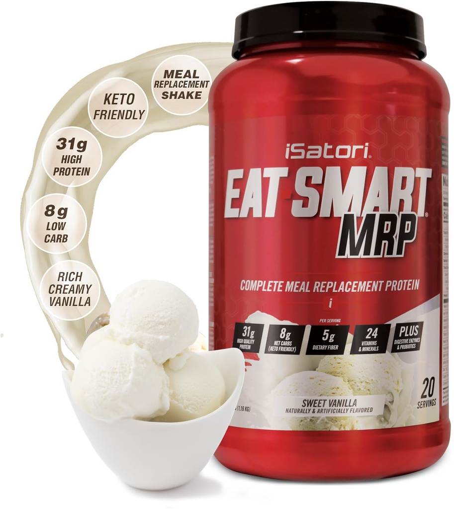 iSatori Eat Smart MRP, High Protein Meal Erstatning Shake with Whey Protein Powder, Probiotika Powder, Casein Protein, MCT Oil, Egg Albumen, Vitamin & Min, Keto, Vanilla Flavor, 20 Servere