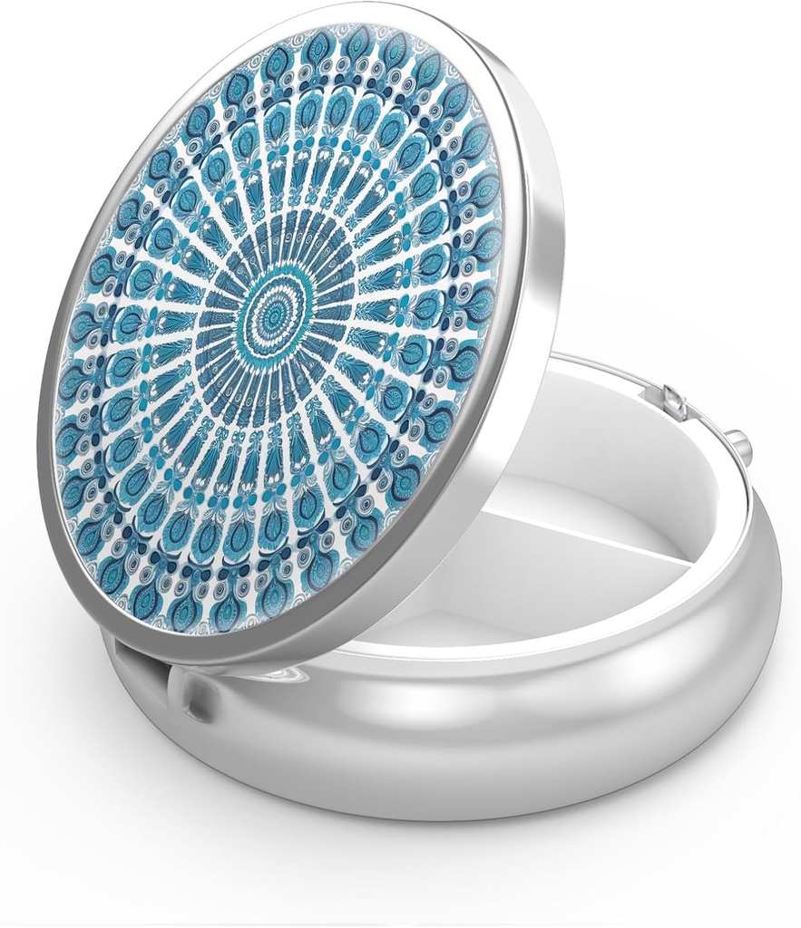 Pill Box 3 Segment Lille Pill Case, Portable for Pocket eller Purse Pill Organizer Pill Container Holder til at holde vitaminer, medicin, fiskeolie og kosttilskud (Peacock Sky Blue)