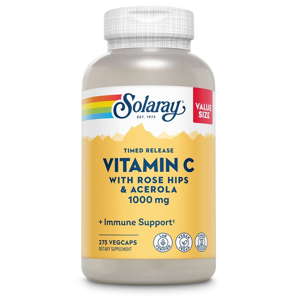 SOLARAY-vitamin C 1000mg Tidsindskud med Rose HIPS & Acerola Bioflavonoider, Two-Stage for High Absorption & All Day immunfunktion support, 60 dages garanti, 275 Servere, 275 VegCaps