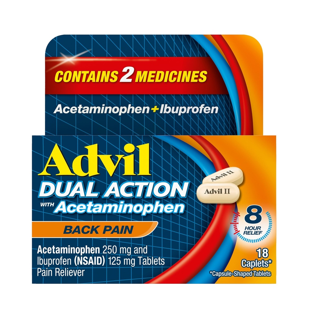 Advil Dual Action Rygsmerter Caplets Levere 250 mg Ibuprofen og 500 mg Acetaminophen per dosis for 8 timer Rygsmerter Relief - 18 greve