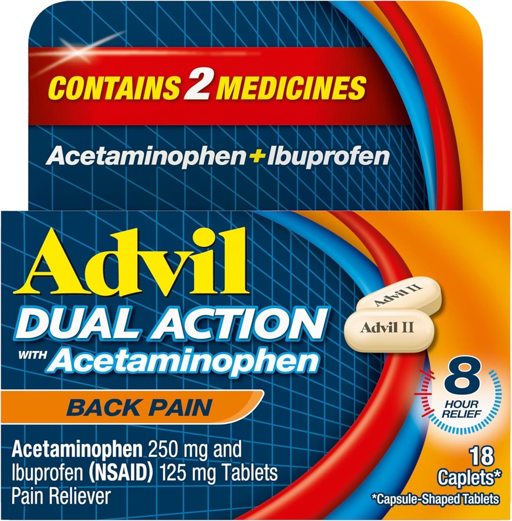 Advil Dual Action Rygsmerter Caplets Levere 250 mg Ibuprofen og 500 mg Acetaminophen per dosis for 8 timer Rygsmerter Relief - 18 greve