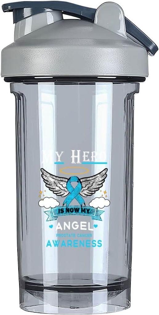 Min Hero er nu min Angel Prostata kræft Bevidsthed 18 Ounce Shaker flaske drik mixer læk- bevis før træning Protein Shakes Meal udskiftning Shakes Flasker 500ML / 18 Oz Gray