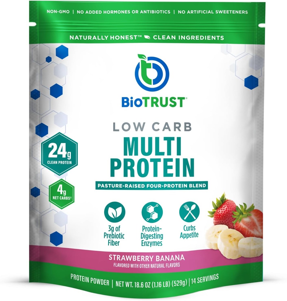 BioTrust Low Carb Protein Powder - Lækker Whey & Casein Blend fra Grass- Fed Hormone Free Cows - Ikke GMO, Gluten Free (Jordbær Banana)