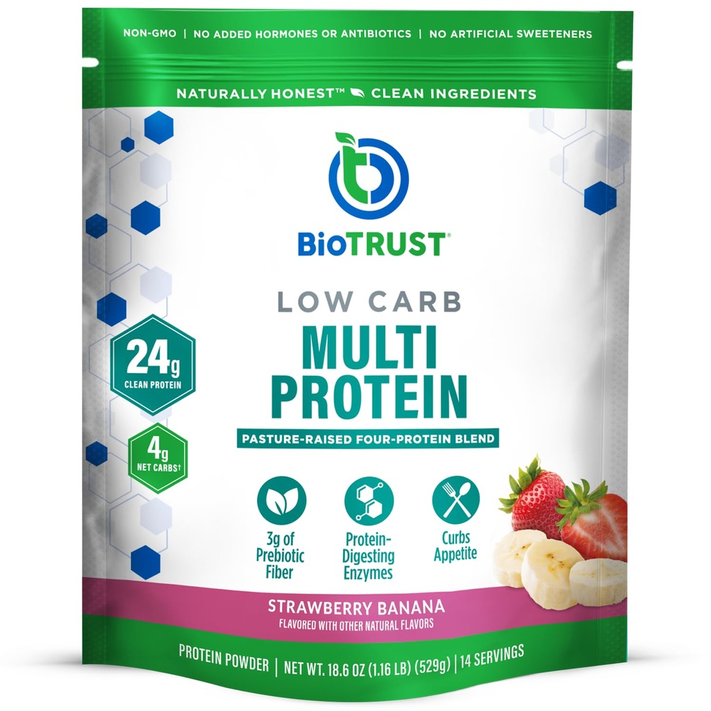 BioTrust Low Carb Protein Powder - Lækker Whey & Casein Blend fra Grass- Fed Hormone Free Cows - Ikke GMO, Gluten Free (Jordbær Banana)