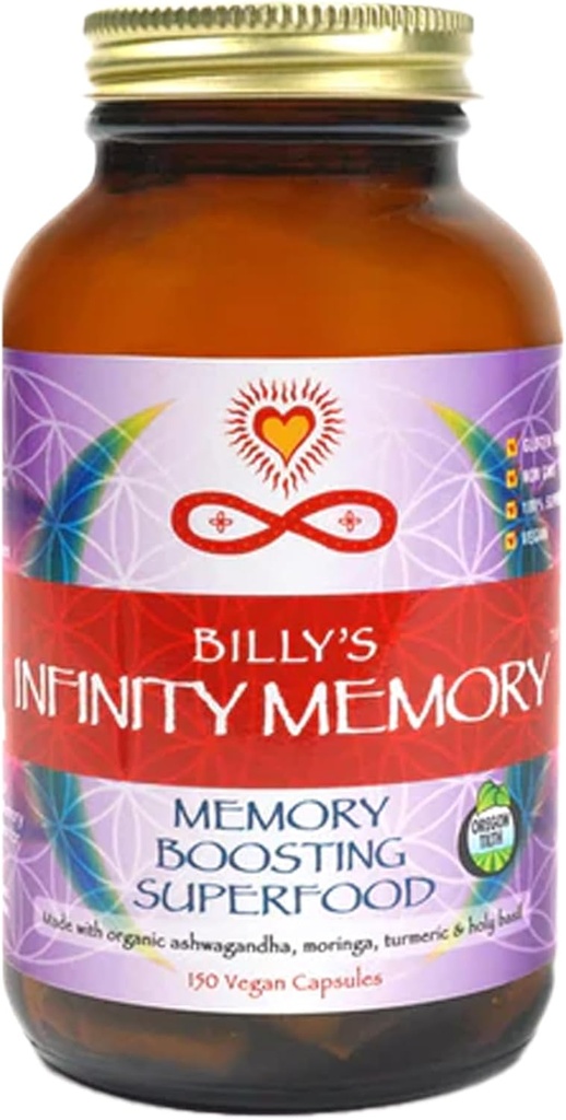 Infinity Memory and Focus Supplement, Superfood Brain Fuel med Organic Lions Mane Mushroom, Ashwagandha, Holy Basil, & Gurkemeje, Kosttilskud til kvinder og mænd (150 kapsler)