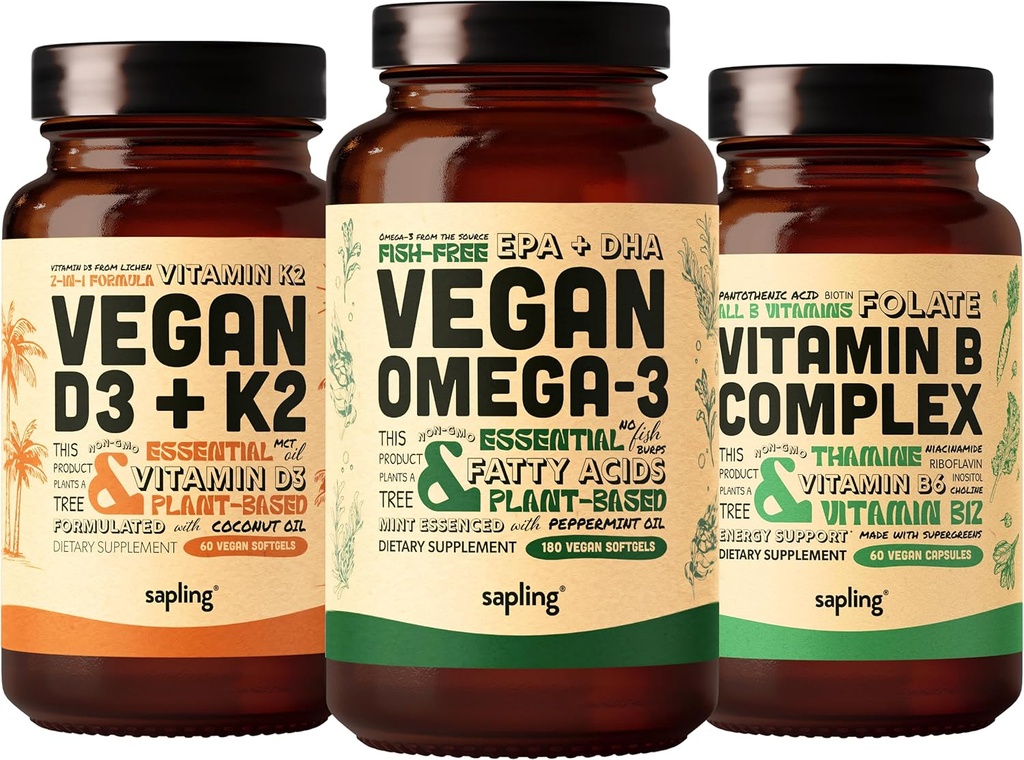 Vegan Omega 3 180 Softgels & Vegan D3 + K2 & Vitamin B Complex Bundle - Plant baserede DHA & EPA fedtsyrer, 4000 IE Vitamin D3 og 100mcg Vitamin K2, Essential B Vitamin