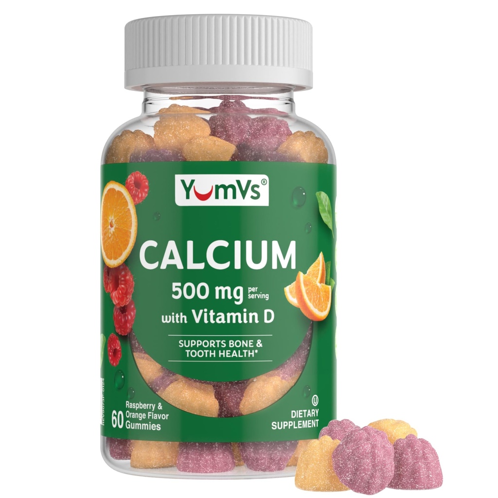 Yumfs Calcium 500mg med vitamin D3 - Hindbær & Orange Flavor Calcium Vitamin D Gummies, Chewable Calcium Supplement for børn & voksne, Vitamin D Calcium Gummies, Kosher Halal Gluten Free (60 Greve)