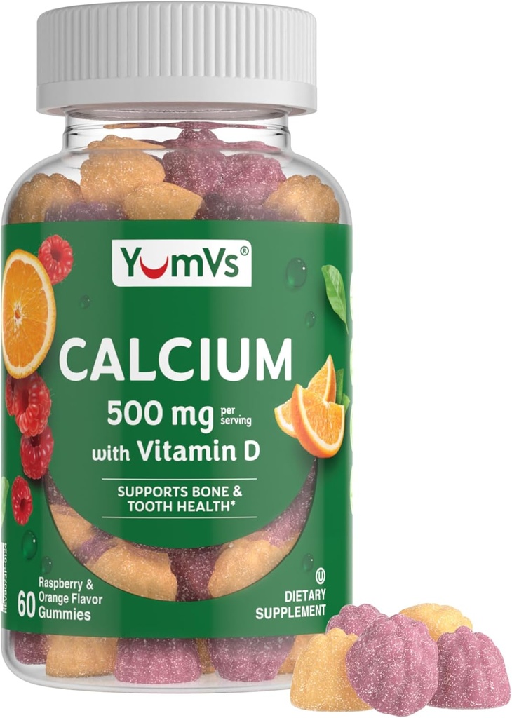 Yumfs Calcium 500mg med vitamin D3 - Hindbær & Orange Flavor Calcium Vitamin D Gummies, Chewable Calcium Supplement for børn & voksne, Vitamin D Calcium Gummies, Kosher Halal Gluten Free (60 Greve)