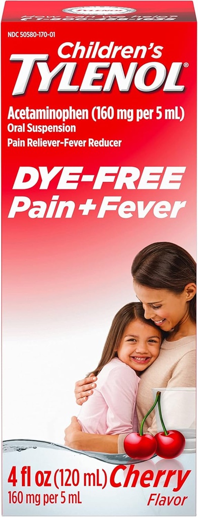 Children's Tylenol Liquid Oral Suspension Pain Reliever & Fever Reducer with Acetaminophen, Aspirin-, Ibuprofen-, High Fructose Corn Syrup- & Dye-Free, Cherry, 4 Fl. Oz