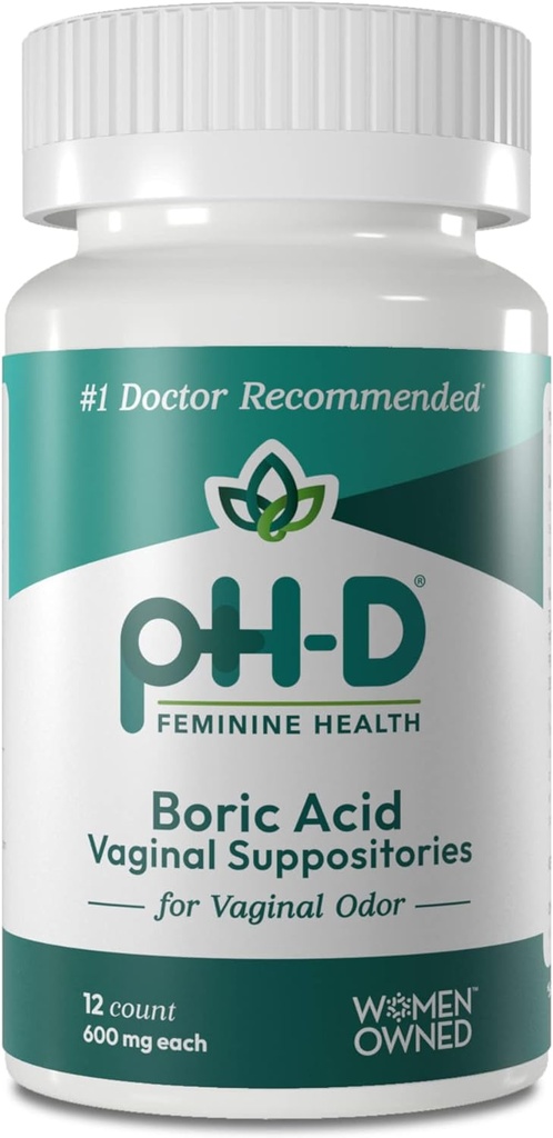 pH- D Feminin Health Support - 600 mg Boric Acid Suppposites - Woman Ejes - for Vaginal Odor Use - 12 Greve