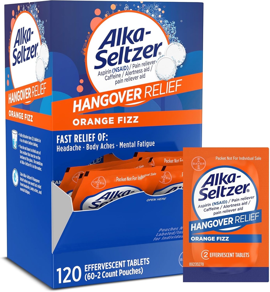 Alka- Seltzer tømmermænd Relief Tablets, Fast Relief Starter i ca. 15 minutter for hovedpine, Body Aches & Mental Træthed, Bachelorette Party & Bachelor Party, Dispenser Pack, 120 Greve