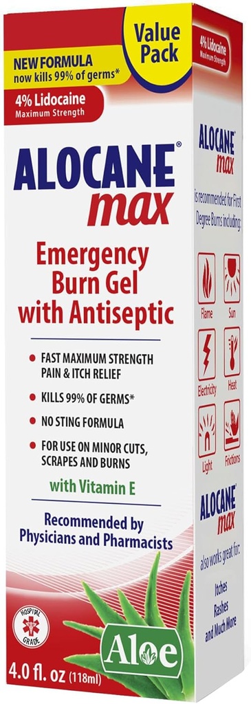 Alocane Max Emergency Burn Gel, 4% Lidocain Hydrochlorid, .13% Benzalkoniumchlorid, Maksimal styrke Relief, Itch Relief, For Sunburns, Køkken, Stråling, Kemisk, First-Degree Burns, 4 Fl Oz