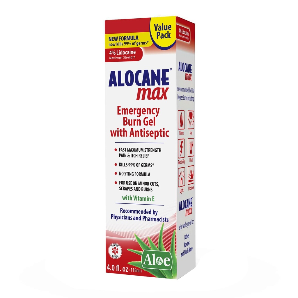 Alocane Max Emergency Burn Gel, 4% Lidocain Hydrochlorid, .13% Benzalkoniumchlorid, Maksimal styrke Relief, Itch Relief, For Sunburns, Køkken, Stråling, Kemisk, First-Degree Burns, 4 Fl Oz