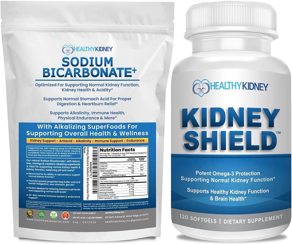 Organisk natrium Bicarbonat Alkaline Supplement Bundle: 2LB pulver til alkalinitet, syre Neutralizer & Nyre Support + 120 Caps Nyre Skjold til Nyre Sundhed, Rengøring & Omega 3 Støtte