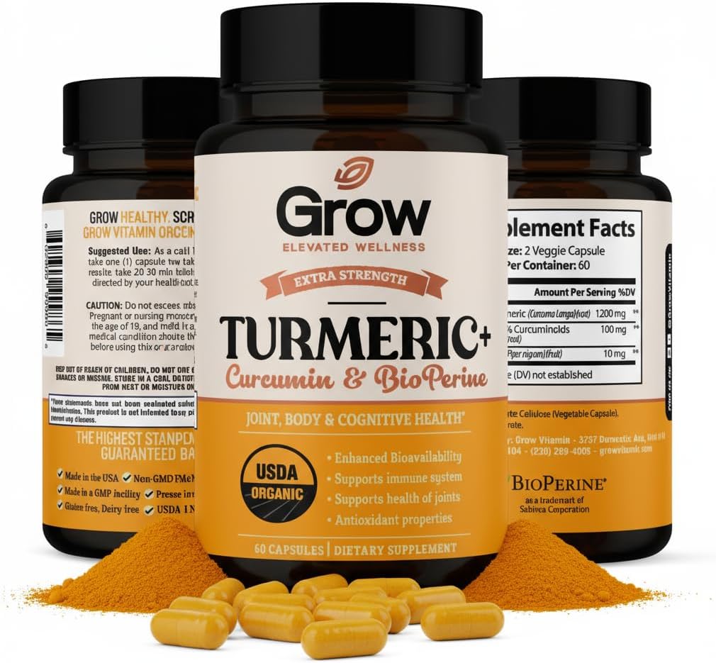 Grow Vitamin Curcumin + Ultra: Organic High- Potency Blend Measurement 124; Maksimal styrke gurkemeje Formel med 95% Curcuminoids Measurement 124; USDA Certified Measurement 124; 30- Day Supply