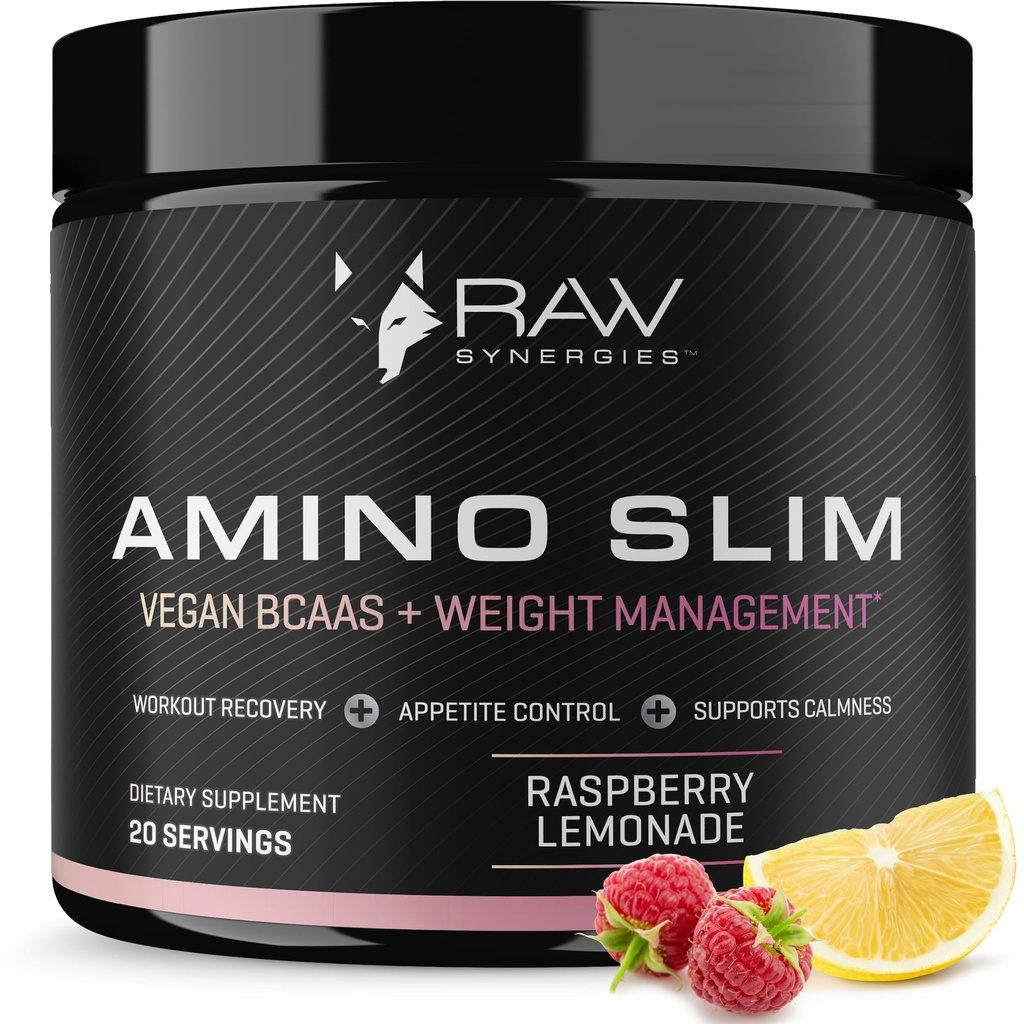 RAW Synergies Amino Slim - Active Lifestyle Supplement for Metabolic & Mindful Eating Support - Muscle & Energy Support - Sukkerfri & Vegan - Raspberry Lemonade - 20 Servering