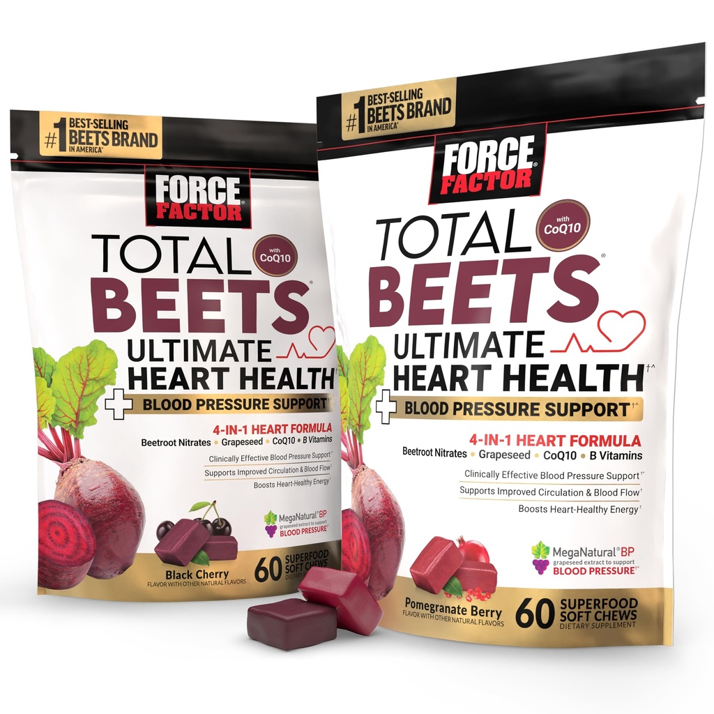 Bundle of Force Factor Total Beets Ultimate Heart Health Blood Pressure Support Chews med CoQ10, Beet Root Powder, Grape Seed Extract, Blood Pressure Supplement til cirkulation & Blood Flow, 120 Soft