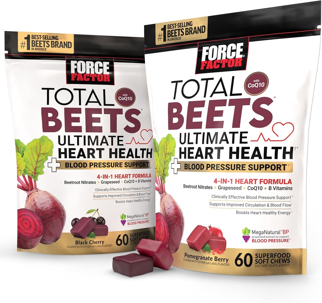 Bundle of Force Factor Total Beets Ultimate Heart Health Blood Pressure Support Chews med CoQ10, Beet Root Powder, Grape Seed Extract, Blood Pressure Supplement til cirkulation & Blood Flow, 120 Soft