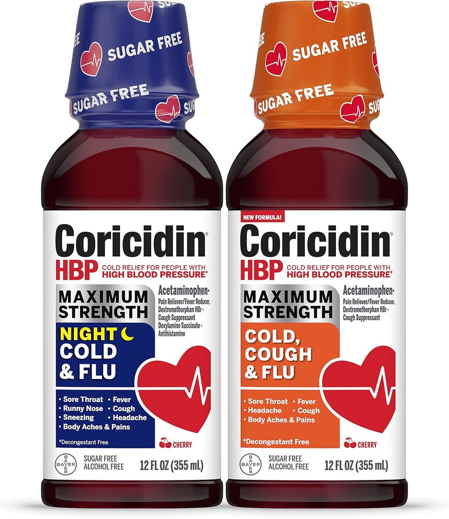 Coricidin HBP Maksimal styrke Cold & Flu Dag & Nat Sugar- Free Liquid Twinpack, Decongestant- Free Cold Medicine for voksne med højt blodtryk -12 Fl Oz (pakke af 2)