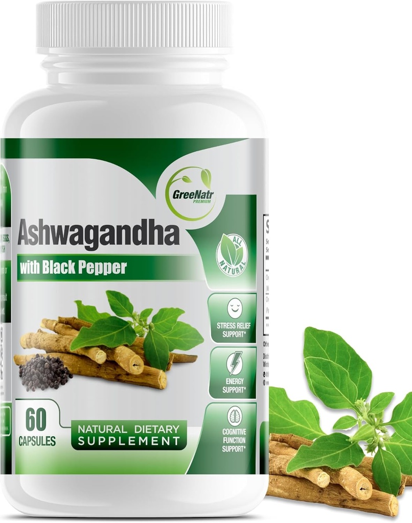 GreeNatr Organic Ashwagandha kapsler med sort peber til forbedret absorption - Mood Enhancer med energi og kognitiv funktion - 1300 mg Veggie kapsler (1 flaske)
