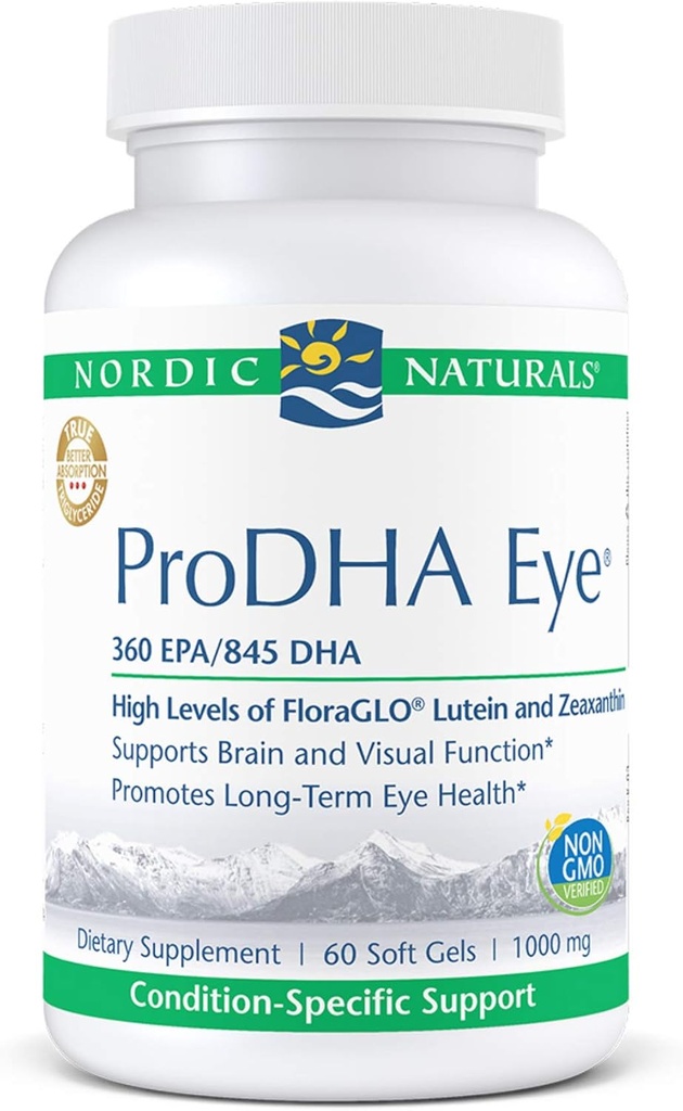 Nordic Naturals ProDHA Eye - Fish Oil, 360 mg EPA, 845 mg DHA, 20 mg FloraGLO Lutein, 4 mg Zeaxanthin, Support for Neurological Function and Long-Term Eye Health*, 60 Soft Gels