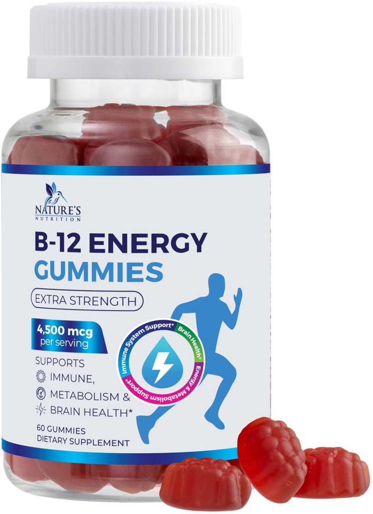 B- 12 Vitamin Energy Gummies 4500mcg - Ekstra styrke B12 Gummy Chewables for Energy Metabolisme og immunforsvar - Kosttilskud til kvinder, mænd, & børn - Non- GMO, Vegan, Berry Flavor - 60 Greve