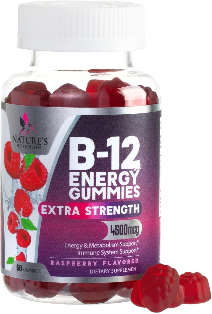 B- 12 Vitamin Energy Gummies 4500mcg - Ekstra styrke B12 Gummy Chewables for Energy Metabolisme og immunforsvar - Kosttilskud til kvinder, mænd, & børn - Non- GMO, Vegan, Berry Flavor - 60 Greve