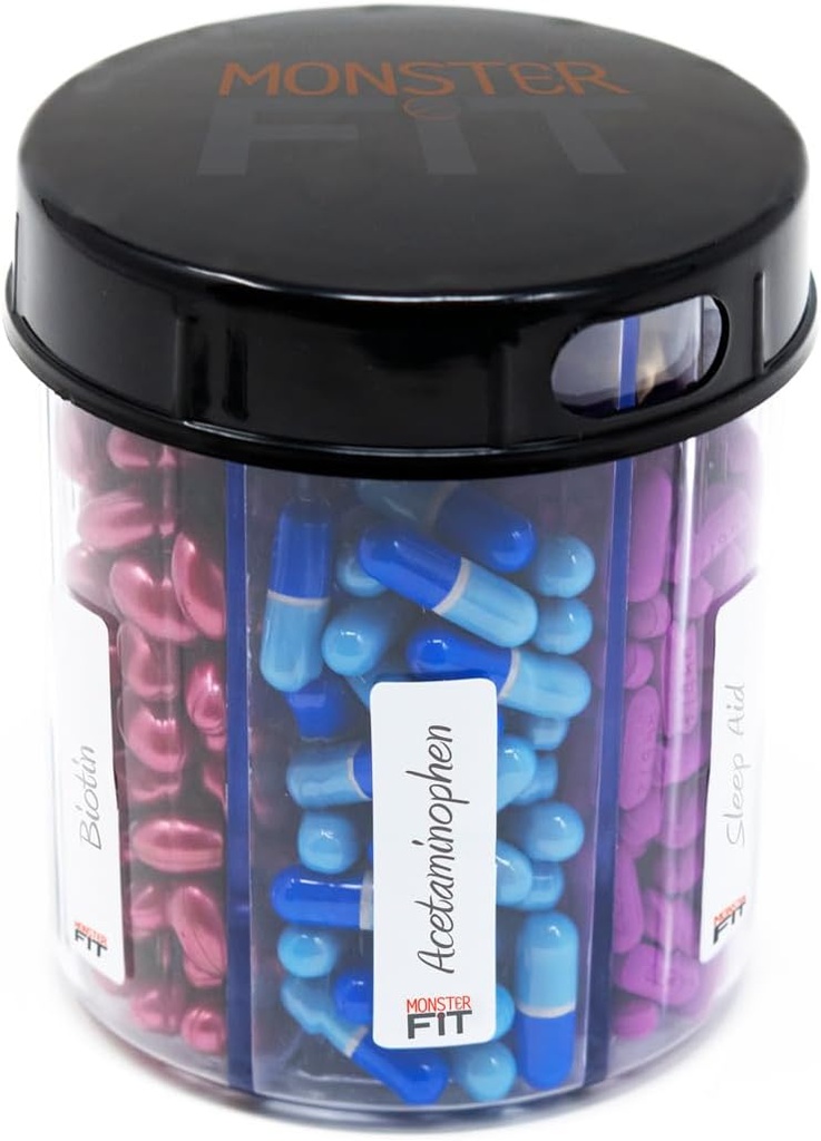 Supplement Pille Dispenser Flaske, 6 Segment, Labels, Easy Open, Anti- Mixing, Månedlig Vitamin Organizer, Monster Fit Jr Medication Holder (Klar, lille)