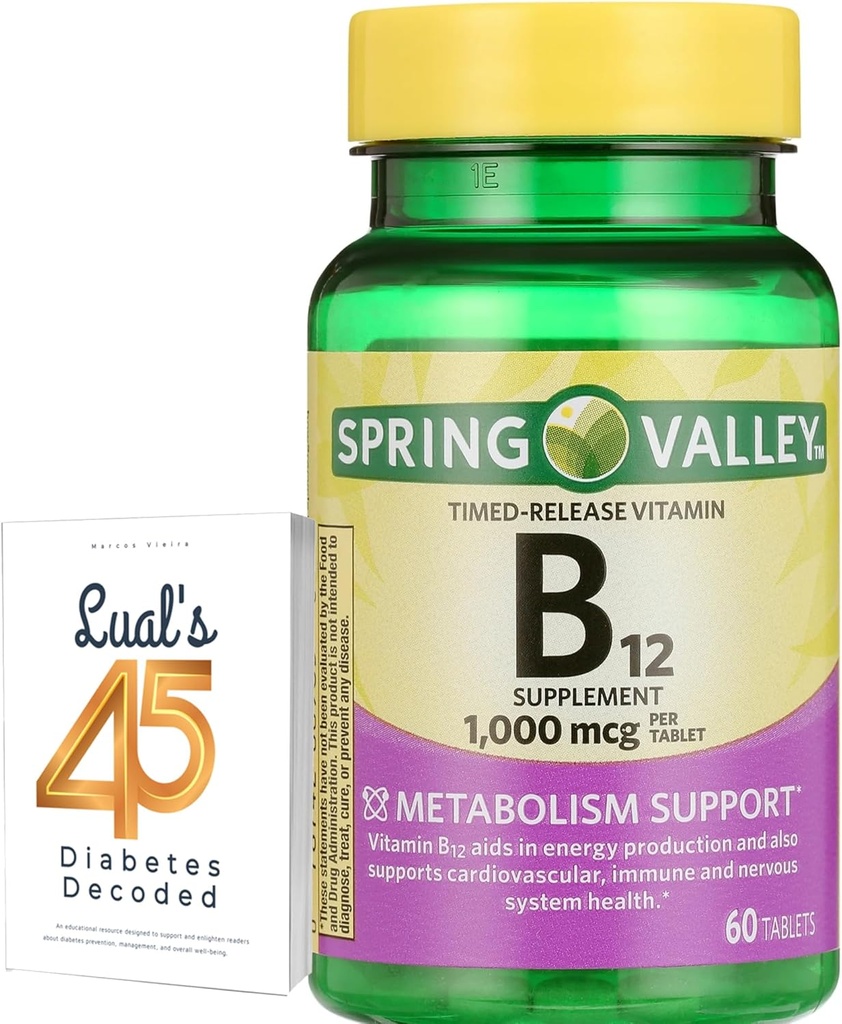 Spring Valley Tids- Release Vitamin B12 tabletter, 1.000 Mcg, 60 Greve, B12 Complex for kvinder og mænd Bundle med 45 Diabetes afkodet
