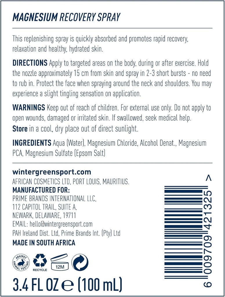 Wintergreen Magnesium Body Spray, 3.4 fl oz - Fast- Absorbing Recovery Mist for Pain Relief, Cramping, og Muscle Recovery, non-Greasy Formel til post- motion eller sport