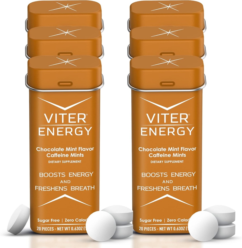 Viter Energy Coffeined Mints 40mg Coffein, B Vitamin, Sukker Free. (Chokolade Mint, 20pcs, 6 Pack)