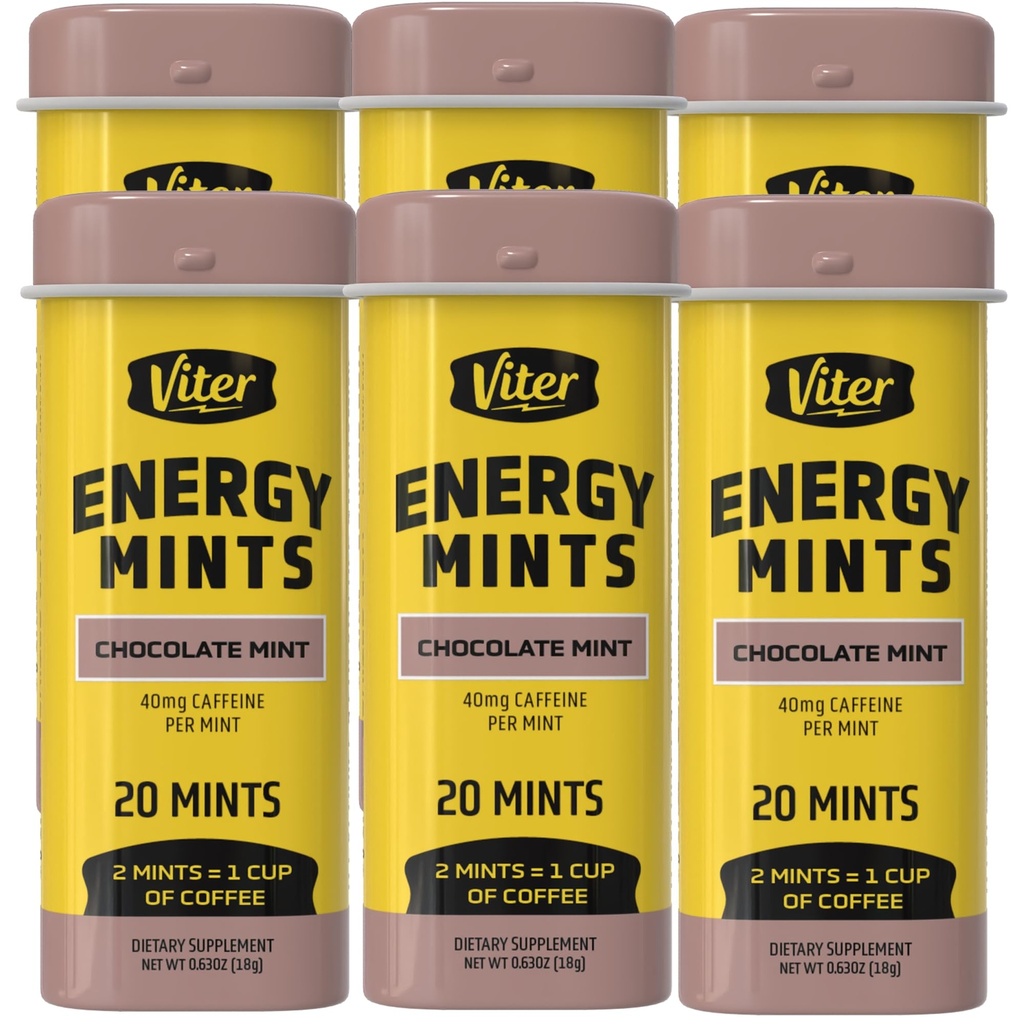 Viter Energy Coffeined Mints 40mg Coffein, B Vitamin, Sukker Free. (Chokolade Mint, 20pcs, 6 Pack)