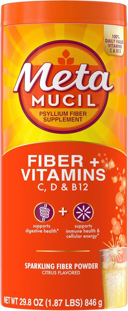 Metamucil Sparkling Fiber Supplement + Vitaminer, Plantebaseret Psyllium Husk Powder med Vitaminer C, D & B12, Daglig Fiber Supplement for fordøjelse, Citrus Flavored, Sugar- Free, 90 Servere