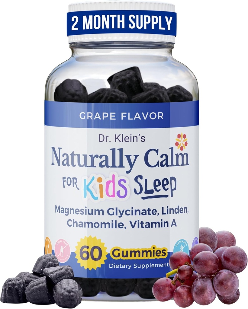 Dr. Kleins naturligt rolige gummier for børn - med Magnesium Glycinat, Linden & Vitamin A til beroligende børn alder 5 + - Vitaminer til støtte søvn - kamille gummier - rolige tygger - Grape sukkerfri 60ct