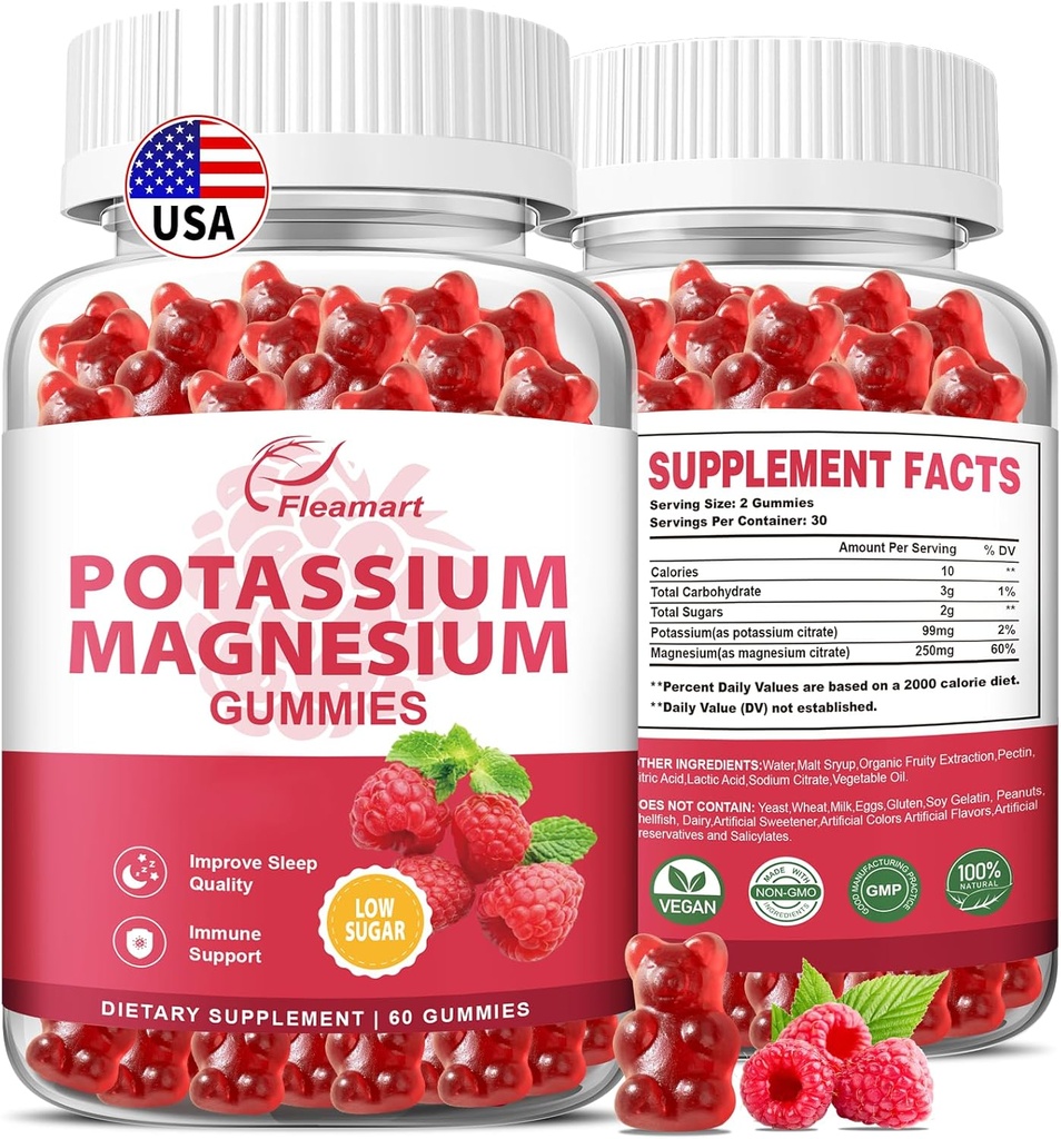 Kalium Magnesium Gummies Kalium Citrate 99mg Magnesium Citrate 250mg Magnesium Kalium Complex Supplement, Immunstøtte, 60 Raspberry Gummies 2 Pack