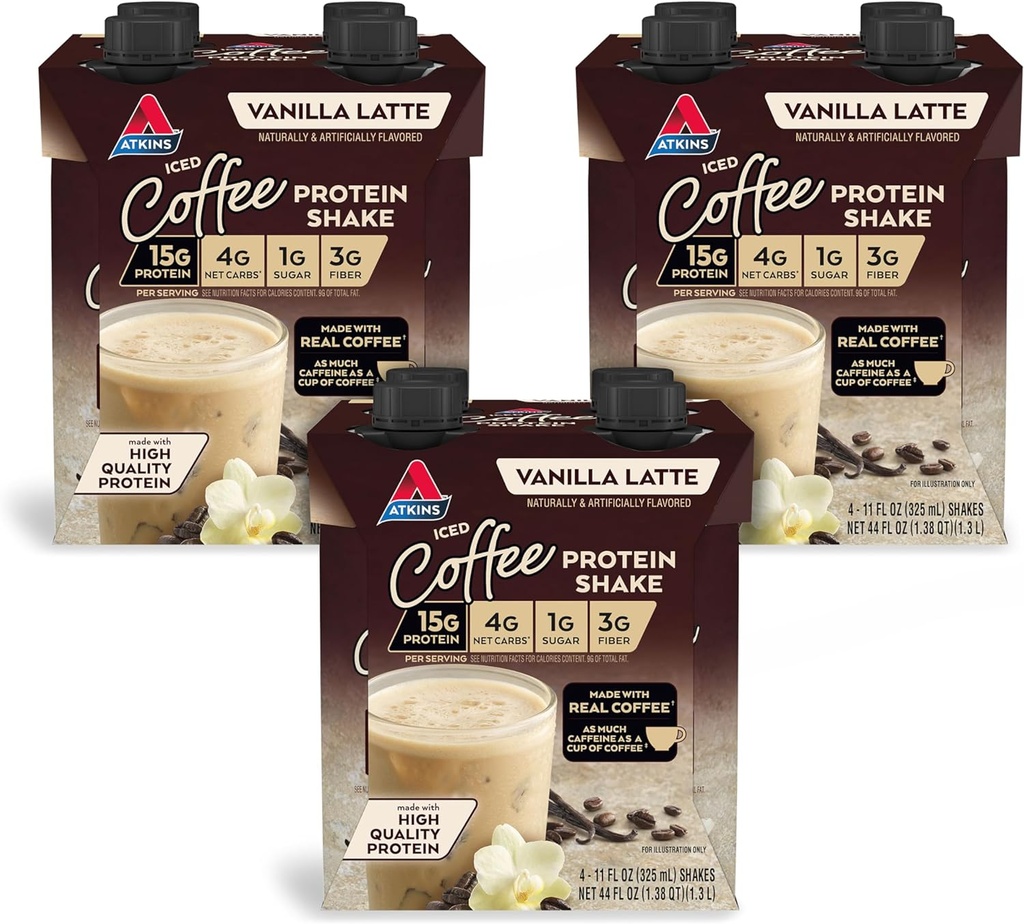 Atkins Iced Coffee Vanilla Latte Protein Shake, 15g Protein, Low Glycemic, 4g Net Carb, 1g Sukker, Keto Friendly, 12 pakninger med 11 fl Oz