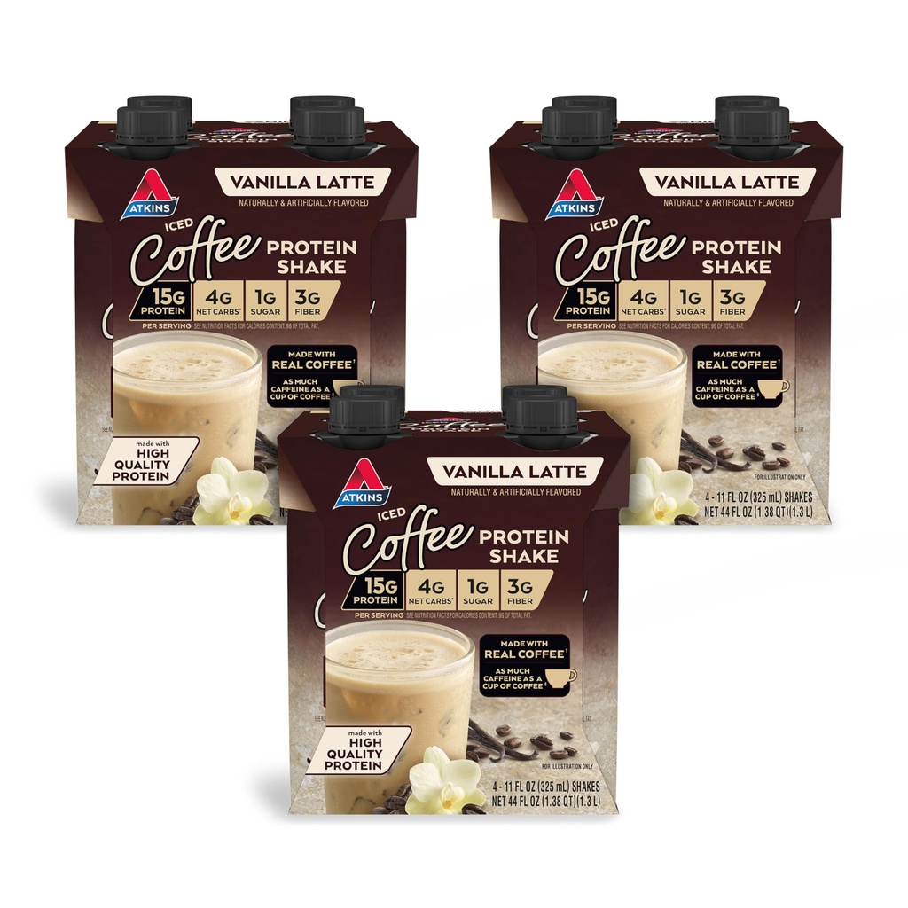 Atkins Iced Coffee Vanilla Latte Protein Shake, 15g Protein, Low Glycemic, 4g Net Carb, 1g Sukker, Keto Friendly, 12 pakninger med 11 fl Oz