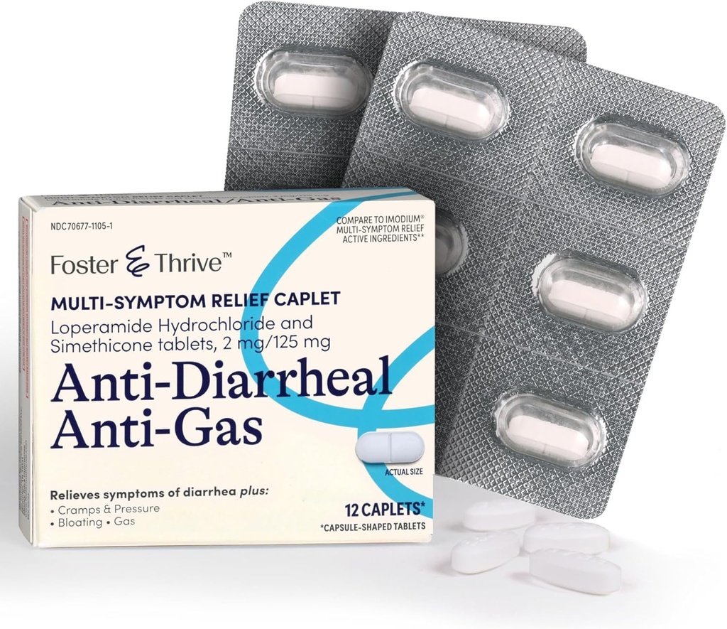Foster & Thrive Loperamid Hydroklorid og Simeticone Anti- Diarré Anti- Gas Multi- symptom Relief, 48 kapsler, Treatment of Diarré, Gas, Bloating, Cramp & Pressure, 12 kapsler (pakke med 4)