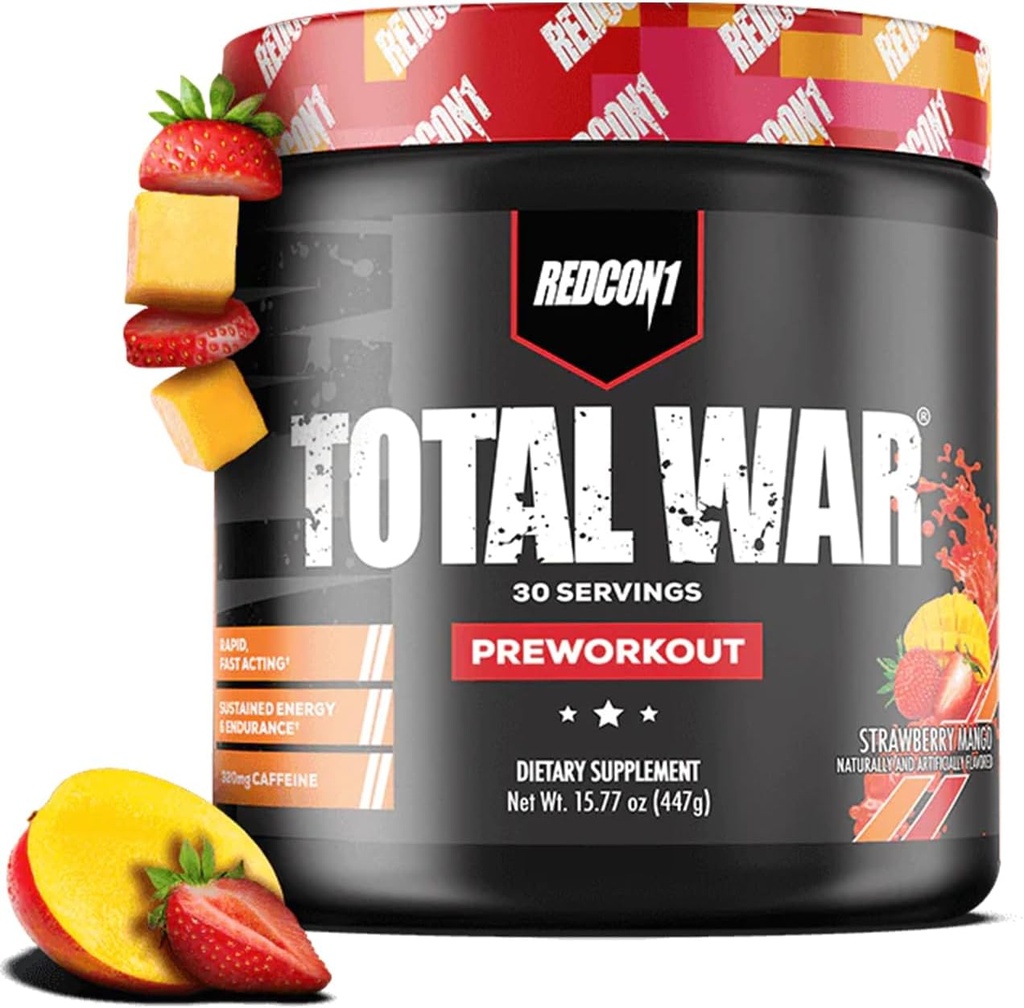 REDCON1 Total War Pre Workout, Jordbær Mango - L Citrullin, Malic Acid, Green Tea Leaf Extract for Pump Boosting Pre Workout for kvinder & mænd - 3.2g Beta Alanine at reducere Exhaustion, 30 Servere