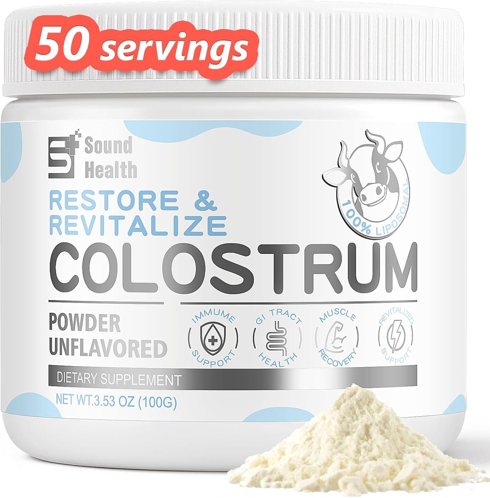 SoundHealth Colostrum Supplement Pulver til mennesker - Økologisk Kvæg Colostrum Supplement til Gut Sundhed, Hårvækst, Skønhed, og immunforsvar - Unflavored (146g)
