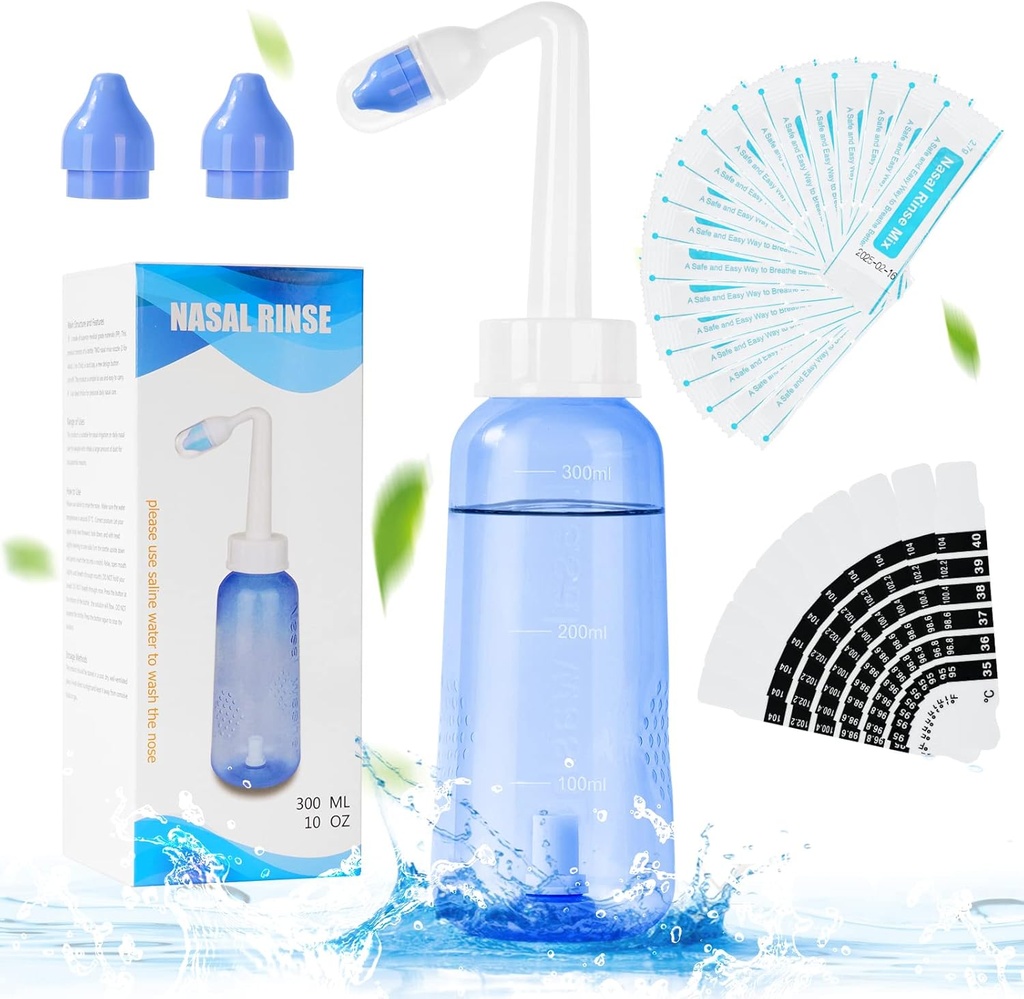 URAQT Neti Pot, Nasal Rinse Kit Næsevask Renere, 300ml Sinus Rinse Flaske med 20 Nasal Vaske Salt Pakninger og 10 Termometer Sticker, Tryk Rinse Nasal Vanding for voksne og Kid BPA Gratis