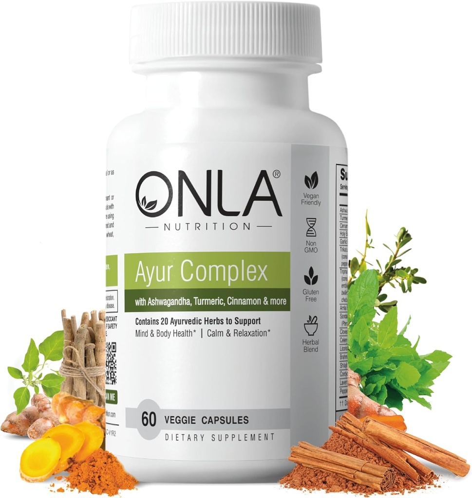 ONLA Vegan Ayurveda Herbal Kosttilskud (20-in-1 Herbal Kapsler) - Gurkemeje Kosttilskud med Ashwagandha, Kanel, Triphala, Brahmi - Naturlige ingredienser, Urteenergitilskud (60 Cap)