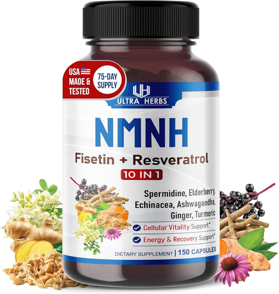 Ultra Herbs NMNH 10- in-1 - Fisket, Resveratrol, Spermidine, Elderberry, Ashwagandha, Echinacea, Ingefær, Gurkemeje - Sund Aging & Vitality Support - 150 Kapsler - Made in USA