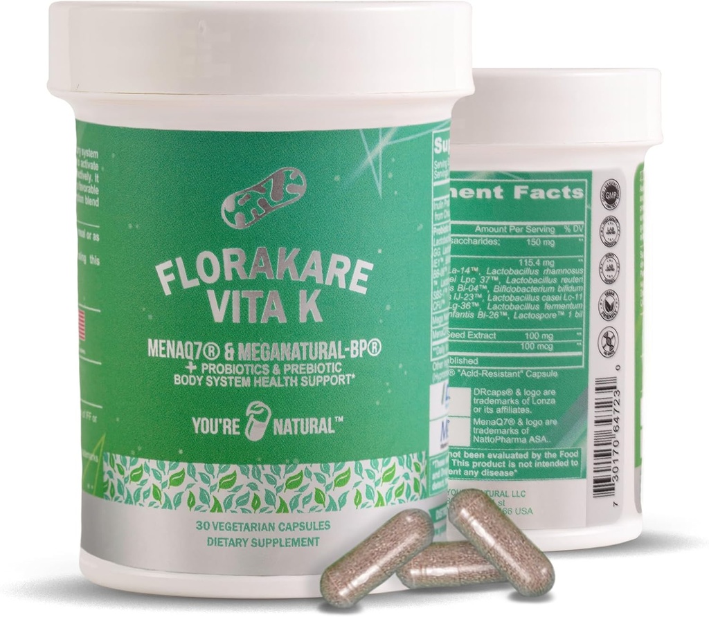 Florakare, seniors Premium All In One - Knoglesundhed, blodgennemstrømning, fordøjelsesstøtte & Gut til kvinder & mænd, K2-vitamin, Grape Seed Extract Plus Lactobacillus og 12 registrerede Probiotika - 30 dages forsyning