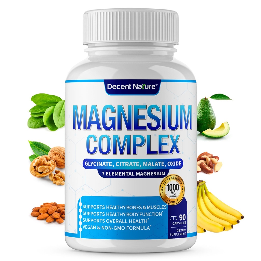 Magnesiumkompleks 7 Elementært Magnesiumsupplement 1000mg - Magnesiumglycinat, citrat, malat, taurat, oxid, aspartat, osoton non- GMO 90 Kapsler