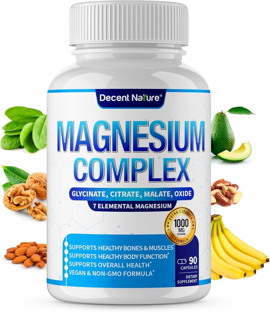 Magnesiumkompleks 7 Elementært Magnesiumsupplement 1000mg - Magnesiumglycinat, citrat, malat, taurat, oxid, aspartat, osoton non- GMO 90 Kapsler