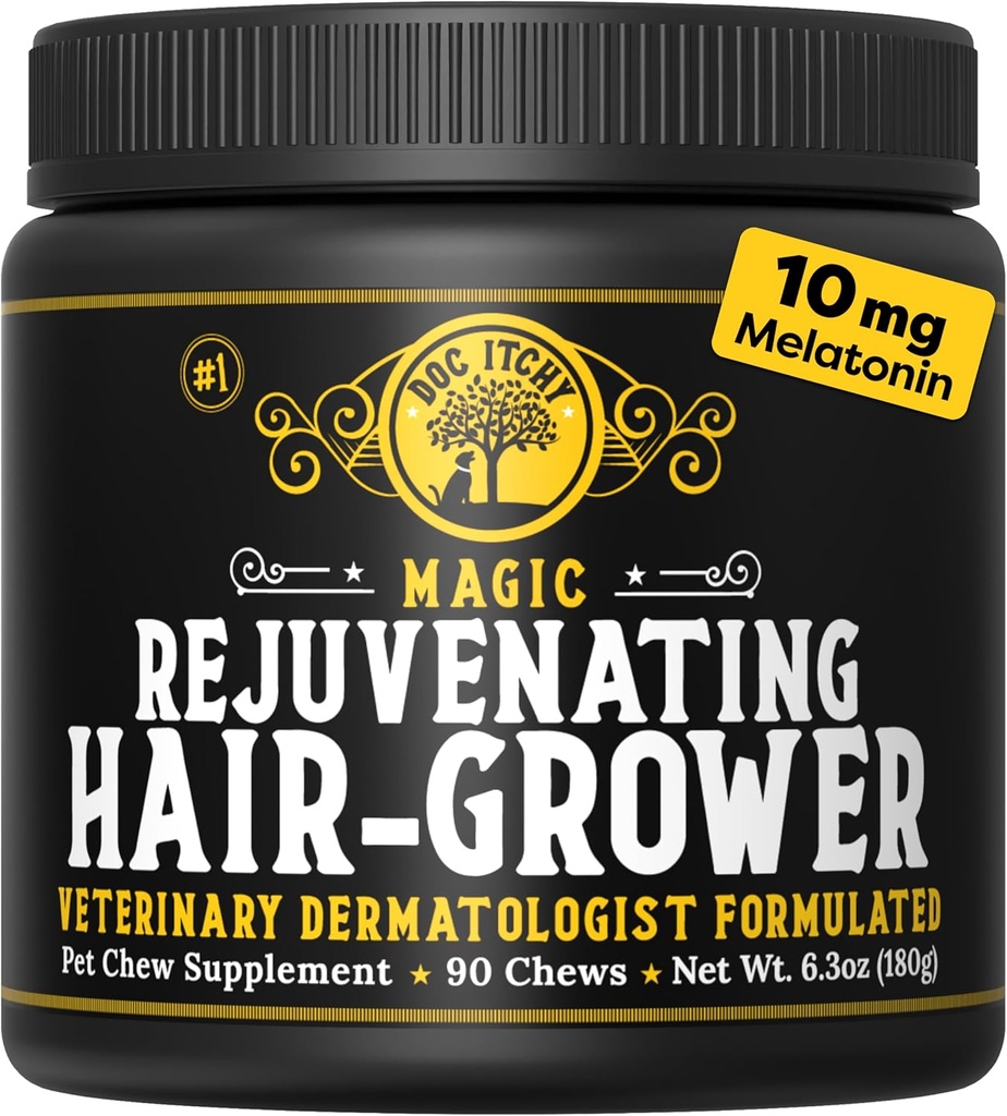 Doc Itchy Rejuvenating Hair-Grower Dog Pet Chews | 10mg Melatonin for Dogs | Hair Growth Booster | Senior Dog Energizer | Calming | Medical-Strength | Food Allergy Safe | Vegan | 90 Count