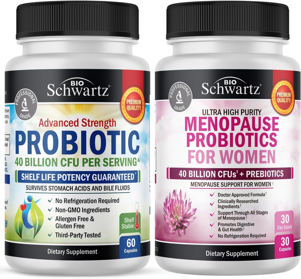 BioSchwartz Probiotisk 40 Millioner CFU 60 Count + Menopause Probiotika til kvinder 30 Count