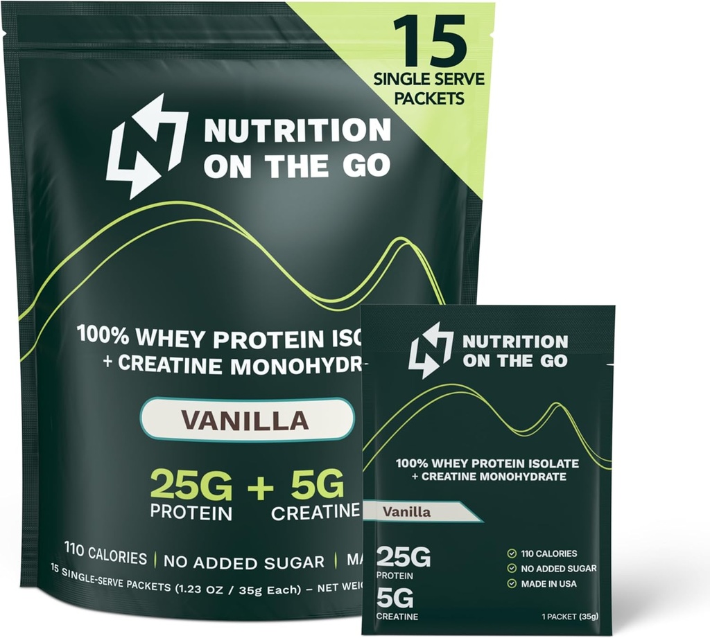 Nutrition On Go Whey Protein Isolere pakker med Creatin - 25g Protein + 5g Creatin - Single-Serve Travel Protein Powder - Vanilla (15 - Pack)
